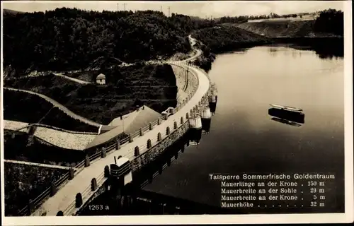 Ak Złotniki Lubańskie Goldentraum Schlesien, Talsperre, Panorama, Staumauer, See