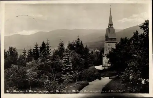 Ak Szklarska Poręba Schreiberhau Riesengebirge Schlesien, ev. Kapelle, Schneegruben und Reifträger