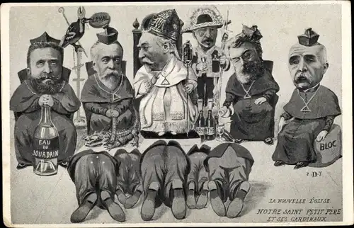 Ak La Nouvelle Eglise, Notre Saint Petit Pere et ses Cardinaux, Karikatur, Eau du Jourdain