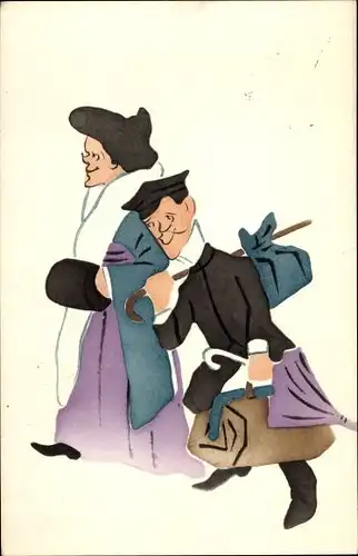 Künstler Ak Frau im Mantel, Mann trägt Gepäck