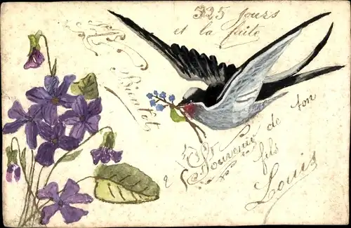 Handgemalt Ak Schwalbe mit Blumen im Schnabel, Veilchen