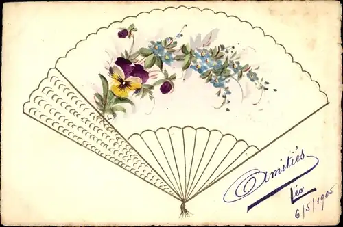 Handgemalt Ak Fächer, Stiefmütterchen, Vergissmeinnicht