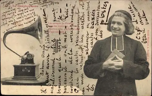Ak Le Graphophone, Geistlicher mit Grammophon