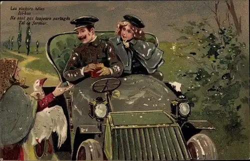 Präge Litho Les plaisiers helas, Paar in einem Automobil