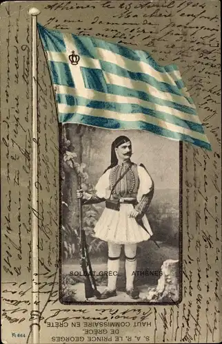 Ak Athen Griechenland, Landesflagge, griechischer Soldat