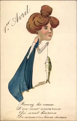 Ak 1. April, Ier Avril, Frau mit Fisch