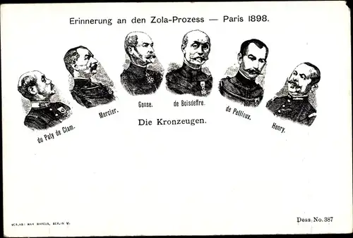 Ak Erinnerung an den Zola Prozess Paris 1898, du paty de Clam, Mercier, Gonse, Henry, Dreyfus Affäre