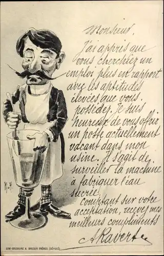 Künstler Ak Mann mit Schürze rührt in einem grpßen Weinglas, Karikatur