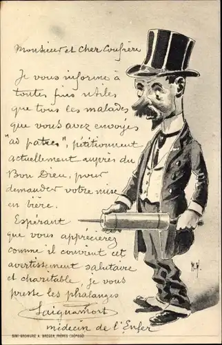 Künstler Ak Mann im Anzug mit Zylinder und Spritze, Karikatur