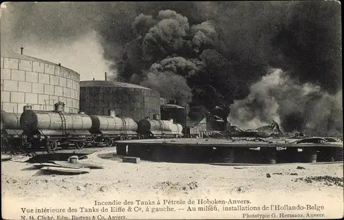 Ak Hoboken Antwerpen Flandern, Incendie des Tanks a Petrole 1904, Eiffe & Co, l'Hollando Belge