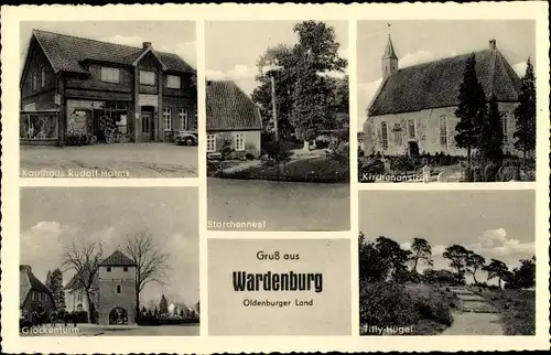 Ak Wardenburg in Oldenburg, Kaufhaus Rudolf Harms, Kirche, Glockenturm