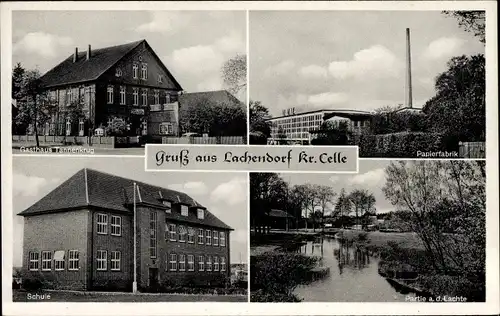Ak Lachendorf in Niedersachsen, Gasthaus Tannenkrug, Papierfabrik, Schule, Partie a. d. Lachte
