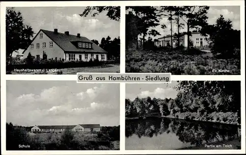 Ak Hambühren in Niedersachsen, Evangelische Kirche, Haushaltswarenhandlung, Schule, Teich