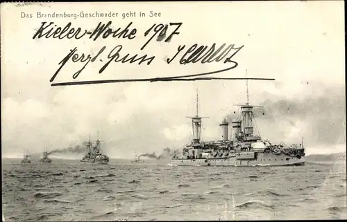 Ak Deutsches Kriegsschiff, Brandenburg Geschwader geht in See, Panzerschiffe, Kieler Woche 1907