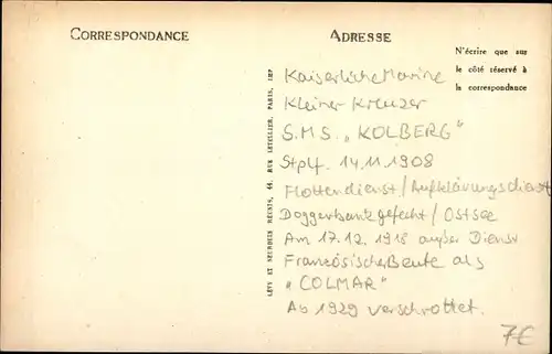Ak Französisches Kriegsschiff, Colmar, ehem. dt. Kriegsschiff SMS Kolberg