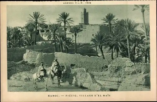 Ak Figuig Marokko, Village d'el Mais, Reiter, Palmen, Minarett