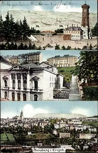 Ak Annaberg Buchholz Erzgebirge, Pöhlberg, Stadttheater mit Freitreppe, Ortsansicht