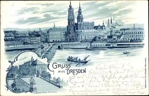 Litho Dresden Altstadt, Augustbrücke, Brühlsche Terrasse