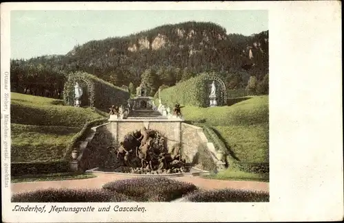 Ak Linderhof Ettal Oberbayern, Schloss Linderhof, Neptunsgrotte, Cascaden