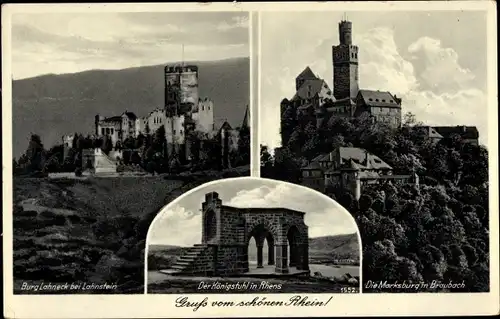 Ak Oberlahnstein Lahnstein am Rhein, Burg Lahneck, Marksburg in Braubach, Königstuhl in Rhens