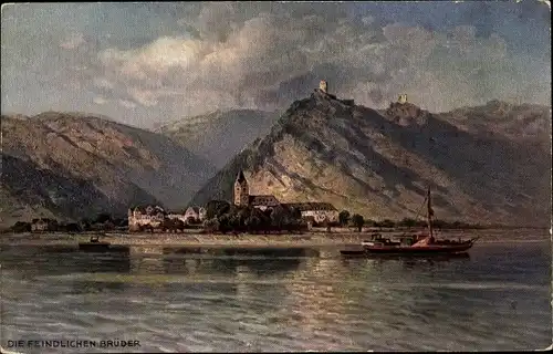 Künstler Ak Astudin, N., Bornhofen Rhein, Die feindlichen Brüder, Burg Liebenstein, Burg Sterrenberg