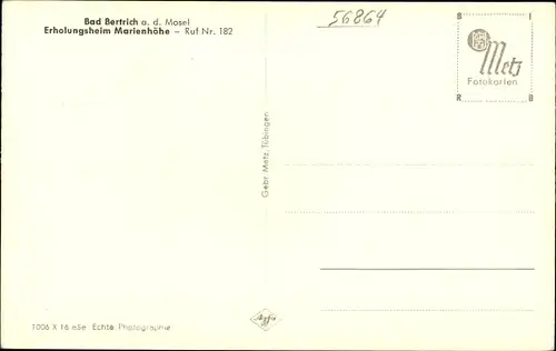 Ak Bad Bertrich an der Mosel Eifel, Erholungsheim Marienhöhe