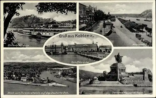 Ak Koblenz am Rhein, Ehrenbreitstein, Rheinwerft, Kaiserdenkmmal, Schiffsbrücke, Deutsche Eck