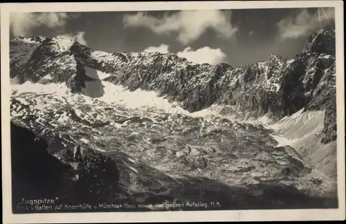 Ak Garmisch Partenkirchen in Oberbayern, Blick v. Gatterl auf Knorrhütte u. Münchner Haus, Aufstieg