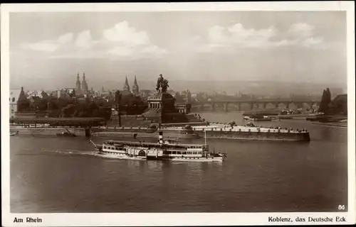 Ak Koblenz am Rhein, Deutsches Eck, Kaiserdenkmal, Salondampfer