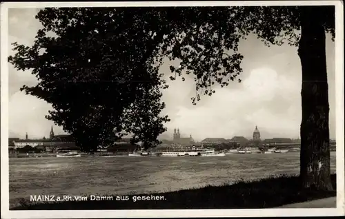 Ak Mainz am Rhein, Blick vom Damm aus zum Ort, Rheinpartie