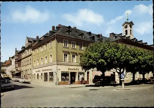 Ak Wunsiedel im Fichtelgebirge Oberfranken, Marktplatz und Rathaus, Glockenturm mit Turmuhr