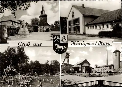 Ak Hänigsen Uetze in Niedersachsen, Kirche, Schule, Schwimmbad, Wappen, Fabrik