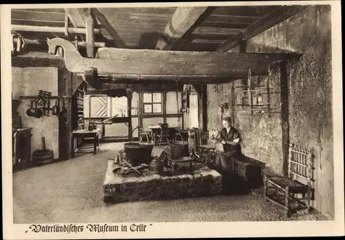 Ak Celle Niedersachsen, Vaterländisches Museum, Flett u. Herdstelle im Bauernhaus aus Narjesbergen