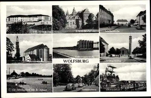 Ak Wolfsburg in Niedersachsen, Volkswagenwek, Christus-Kirche, Schwimmbad, VW-Wohnheim