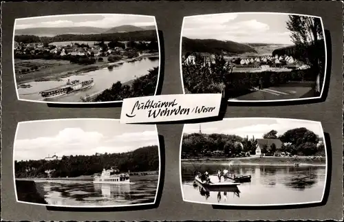 Ak Wehrden Beverungen an der Weser, Fluss mit Schiff, Panorama, Fähre