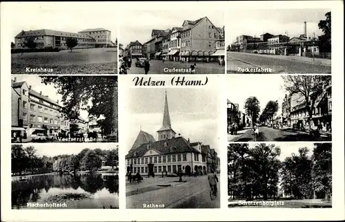 Ak Uelzen in Niedersachsen, Kreishaus, Zuckerfabrik, Gudestraße, Fischerhofteich, Rathaus