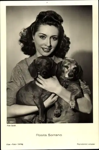 Ak Schauspielerin Rosita Serrano, karierte Bluse, Dackel