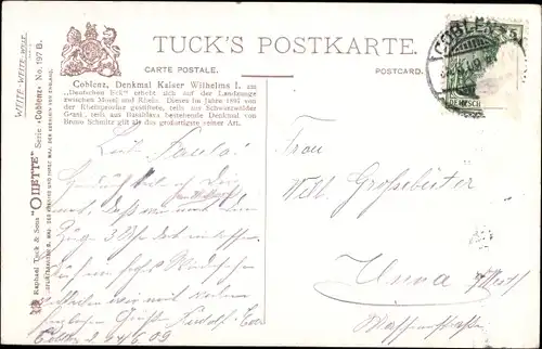 Künstler Ak Flower, Koblenz, Kaiser Wilhelm I. Denkmal, Tucks Nr. 197 B