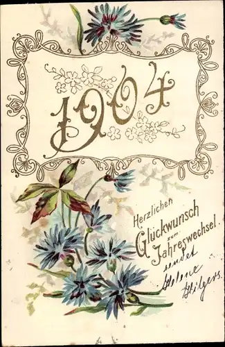 Präge Ak Glückwunsch Neujahr, Jahreszahl 1904, Blaue Blumen