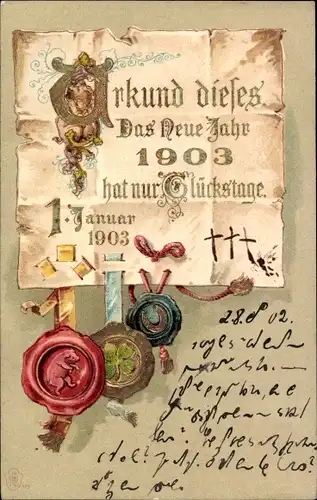 Präge Litho Glückwunsch Neujahr 1903, Siegel, Urkunde, Schwein, Glücksklee