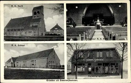 Ak Steenwijksmoer Coevorden Drenthe, R.K. Kerk, Interieur, School, Vereeningebouw St. Joseph