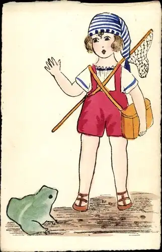 Ak Kind mit Kescher, Frosch
