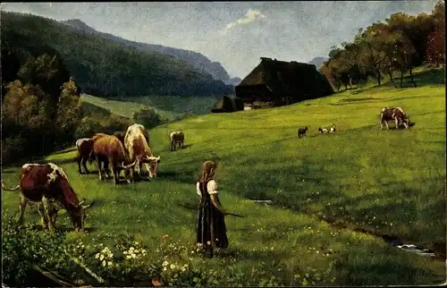 Künstler Ak Hoffmann, H., Schwarzwald, Weidende Kuhherde, Hirtenmädchen