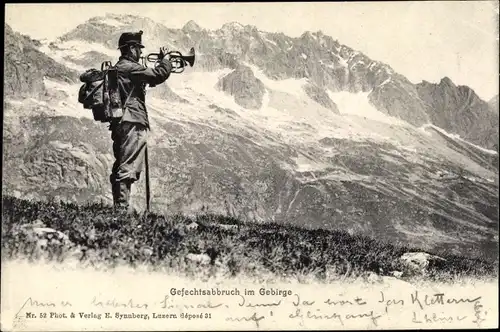 Ak Gefechtsabbruch im Gebirge, Schweizerischer Soldat, Trompete