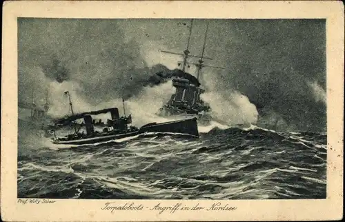 Künstler Ak Stöwer, W., Torpedoboots-Angriff in der Nordsee, Kaiserliche Marine