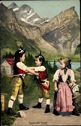 Ak Kinder in Appenzeller Tracht, Berglandschaft
