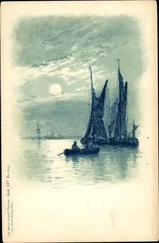 Mondschein Litho Ruderpartie, Segelboote