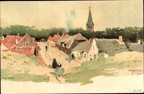 Künstler Litho Cassiers, Domburg Veere Zeeland Niederlande, Blick auf den Ort, Häuser, Kirchturm