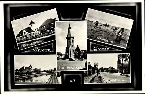 Ak Groede Zeeland, Kirche, Gemeindehaus, Strandpartie, Straßenpartie