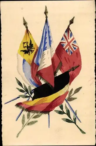 Handgemalt Ak Russland, Frankreich, Großbritannien und Belgien, Fahnen